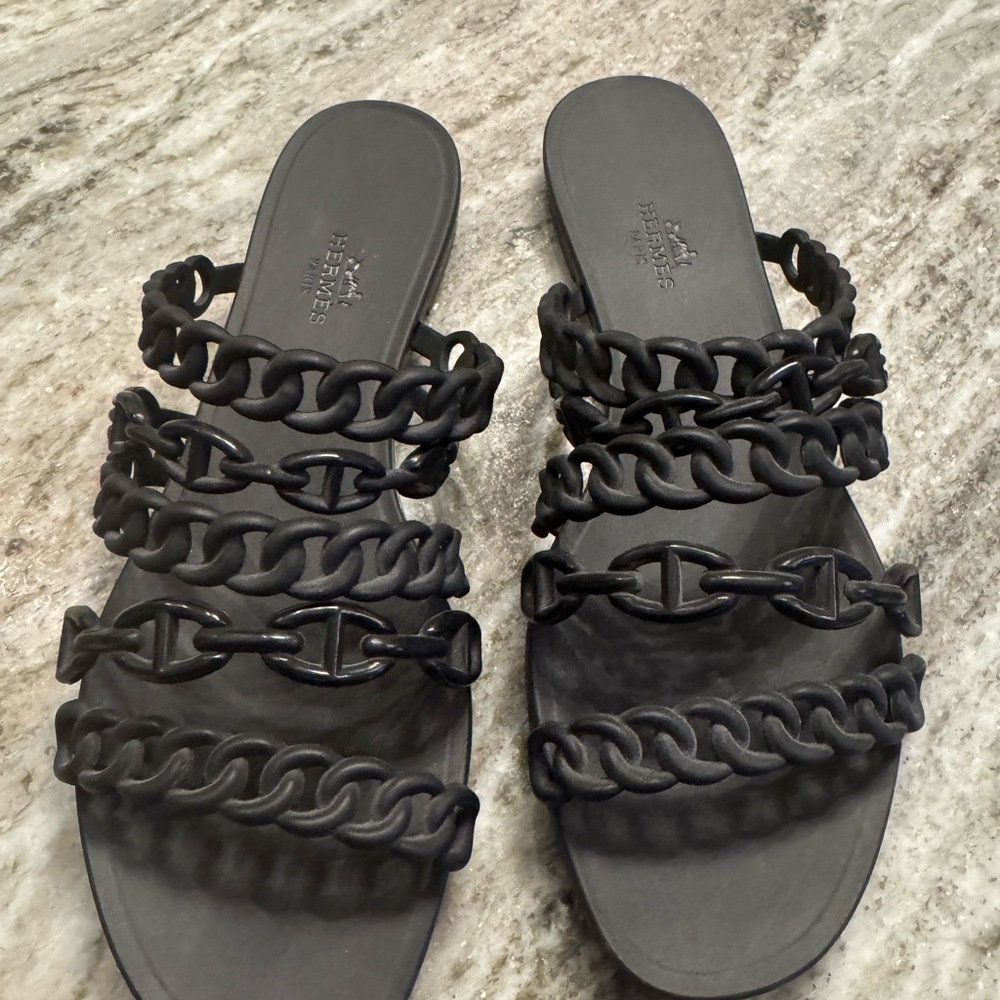 Hermes Black Chain-Strap Slide Sandals for Women